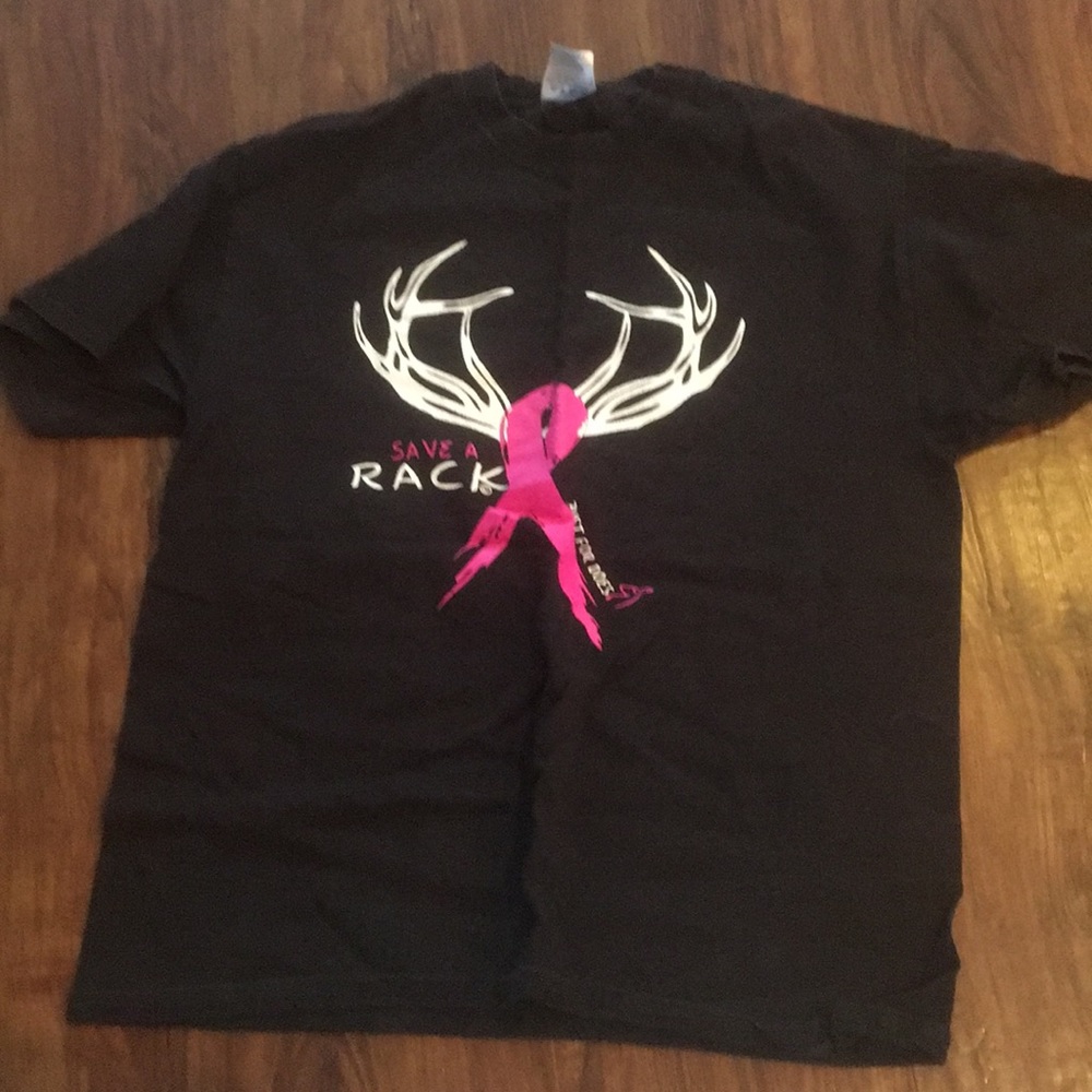 Women’s Save A Rack breast cancer awareness shirt.